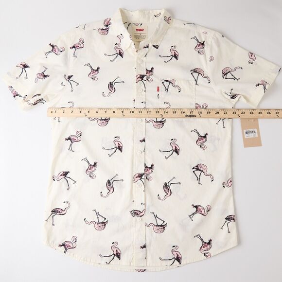 Levi’s Men’s Medium Ivory Flamingo Shirt Cotton Short Sleeve Button Down Summer - Picture 3 of 9